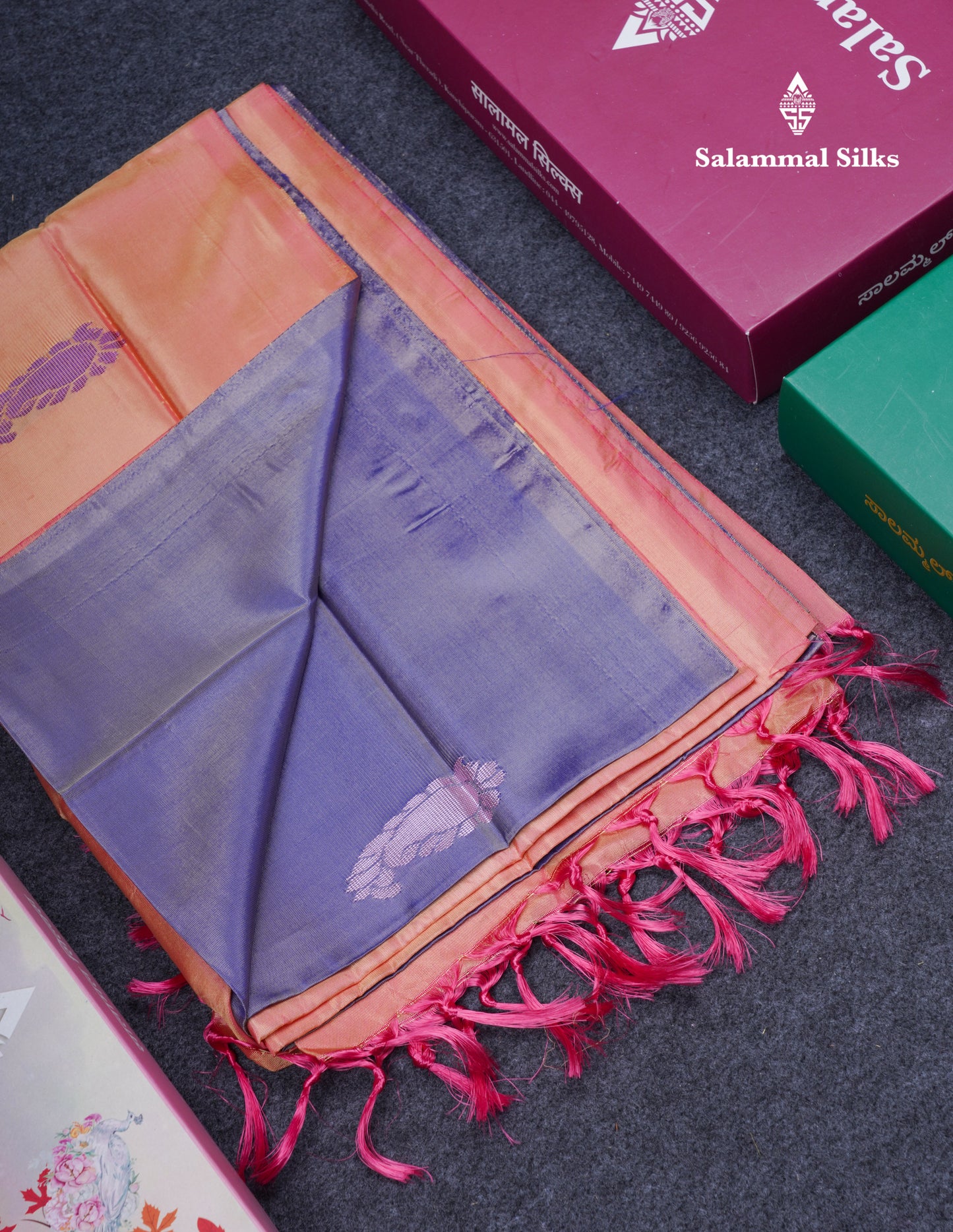 Light Violet Thread work Buttas Banana Pinth Saree (Vaazhainaar Pattu) With Contrast Pinkish Peach Blouse
