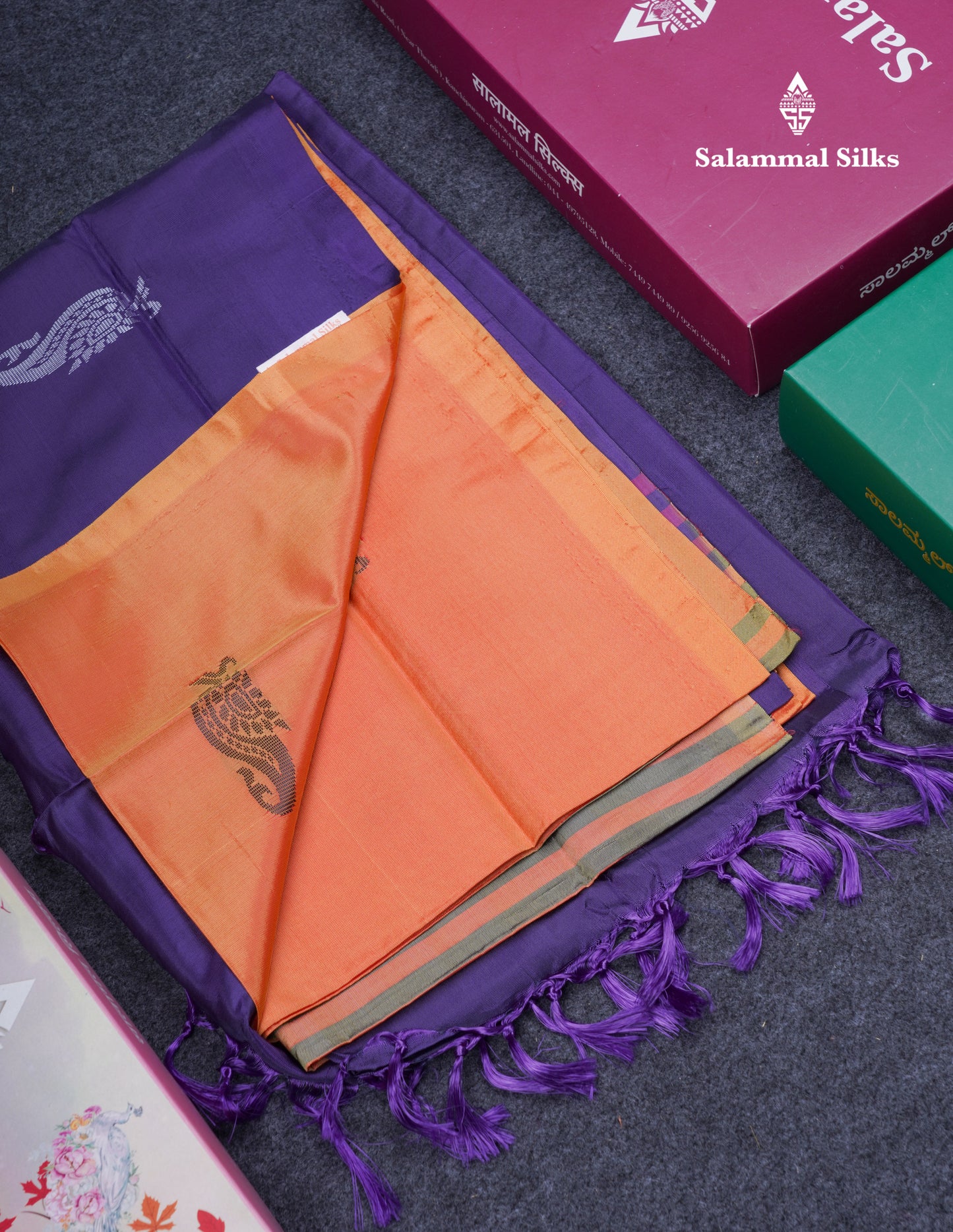 Orange Thread work Buttas Banana Pinth Saree (Vaazhainaar Pattu) With Contrast Purple Blouse