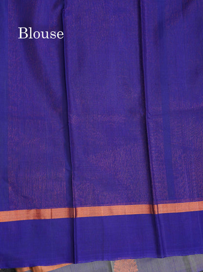 SICO Cotton Saree - Dark Maroon Colour Body With Copper Zari Butta & Peacock Blue Blouse