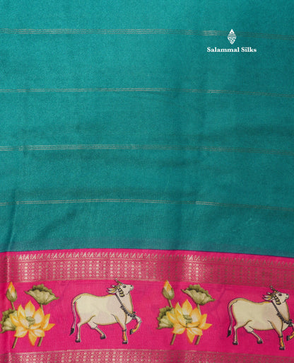 Bottle Green Semi Crepe Saree With Contrast Reddish Pink Border