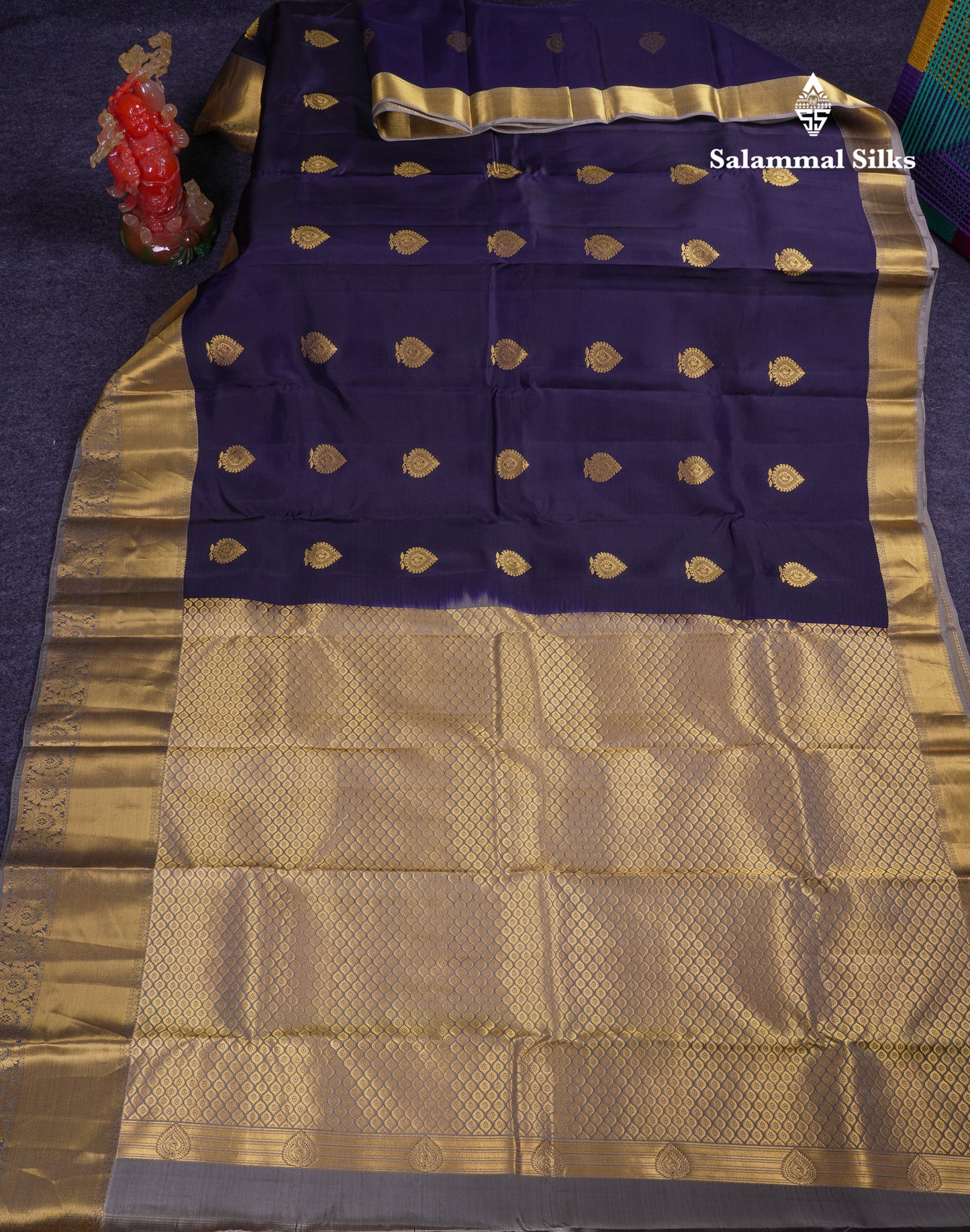 Beautiful Navy Blue Puremix Silk Saree With Contrast Grey Traditional Evening Morning Border