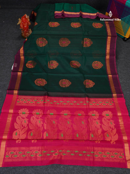 SICO Cotton Saree - Peach Colour Body With Copper Zari Butta & Dual Tone Blue Border