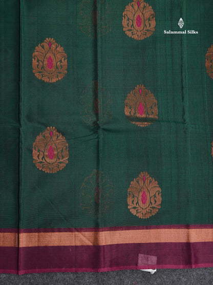 SICO Cotton Saree - Peach Colour Body With Copper Zari Butta & Dual Tone Blue Border