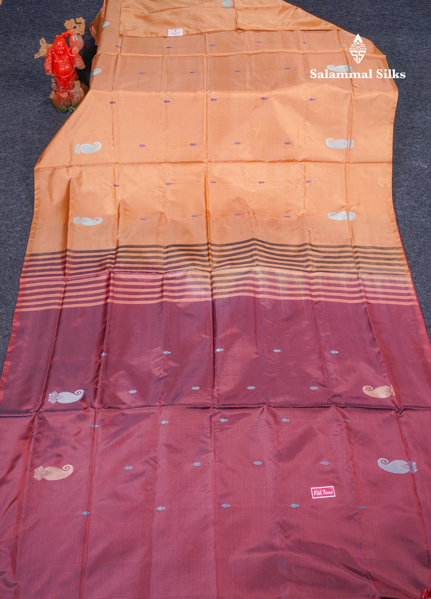Mustard Yellow Thread work Buttas Banana Pinth Saree (Vaazhainaar Pattu) With Contrast Olive Maroon Blouse