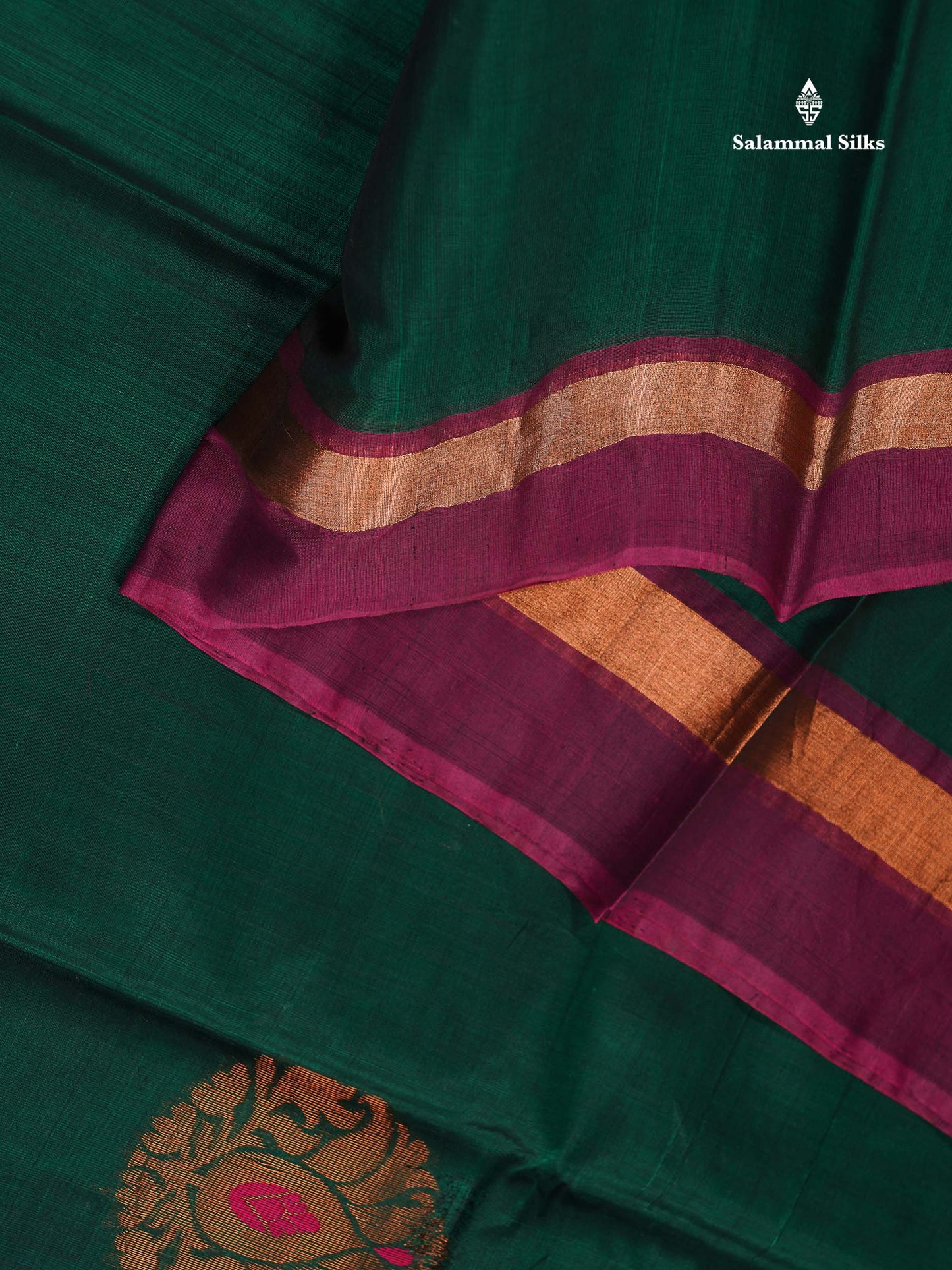 SICO Cotton Saree - Peach Colour Body With Copper Zari Butta & Dual Tone Blue Border
