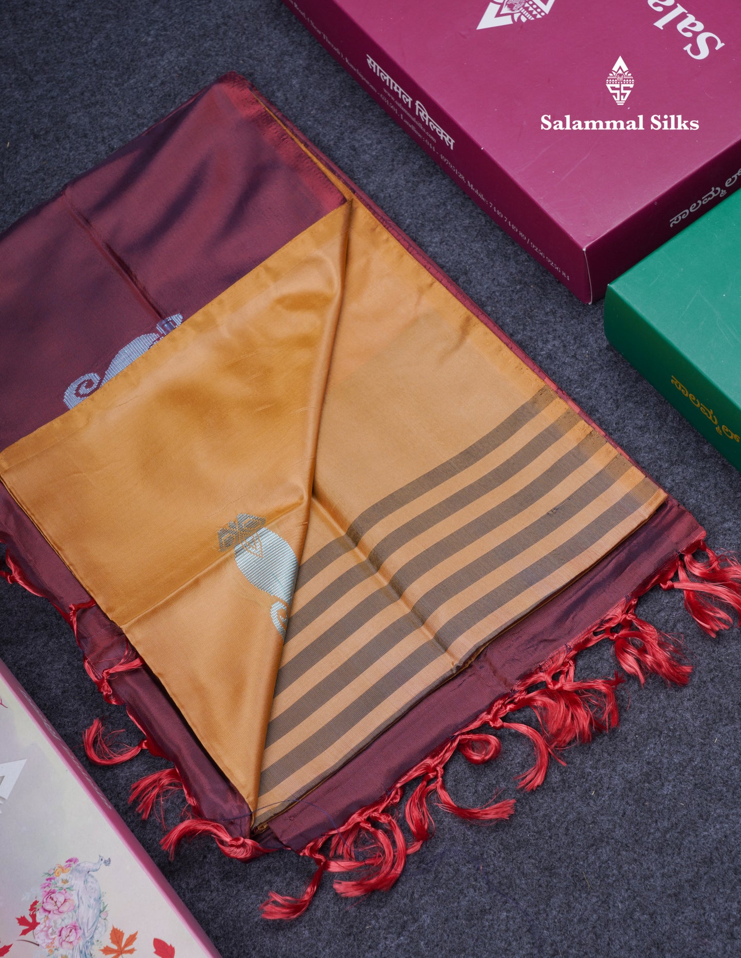 Sandal Thread work Buttas Banana Pinth Saree (Vaazhainaar Pattu) With Contrast Dark Maroon Blouse