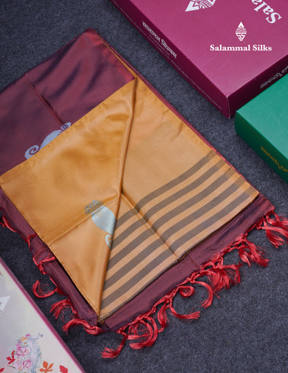 Sandal Thread work Buttas Banana Pinth Saree (Vaazhainaar Pattu) With Contrast Dark Maroon Blouse
