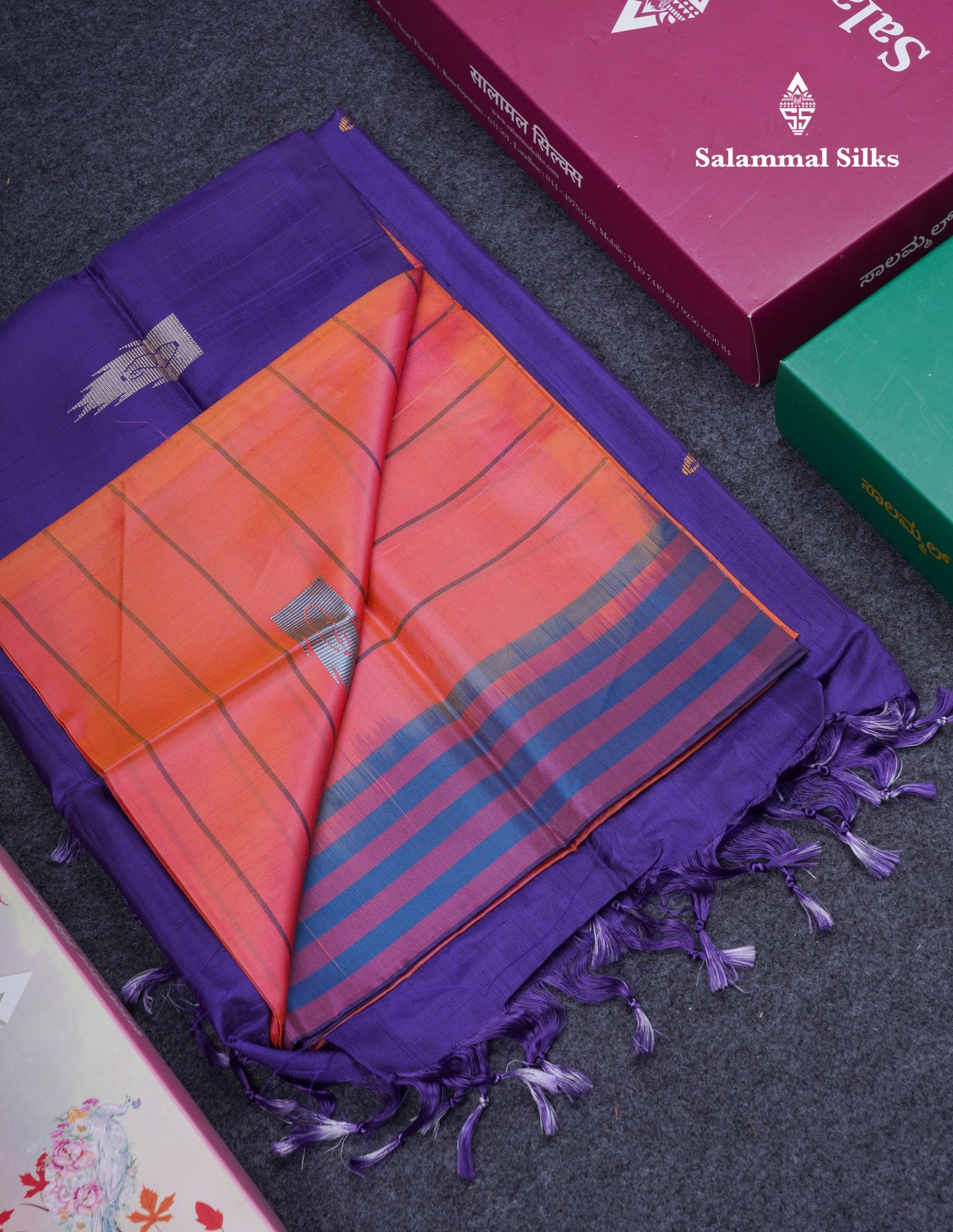 Pinkish Peach Thread work & Lines Buttas Banana Pinth Saree (Vaazhainaar Pattu) With Contrast Violet Blouse