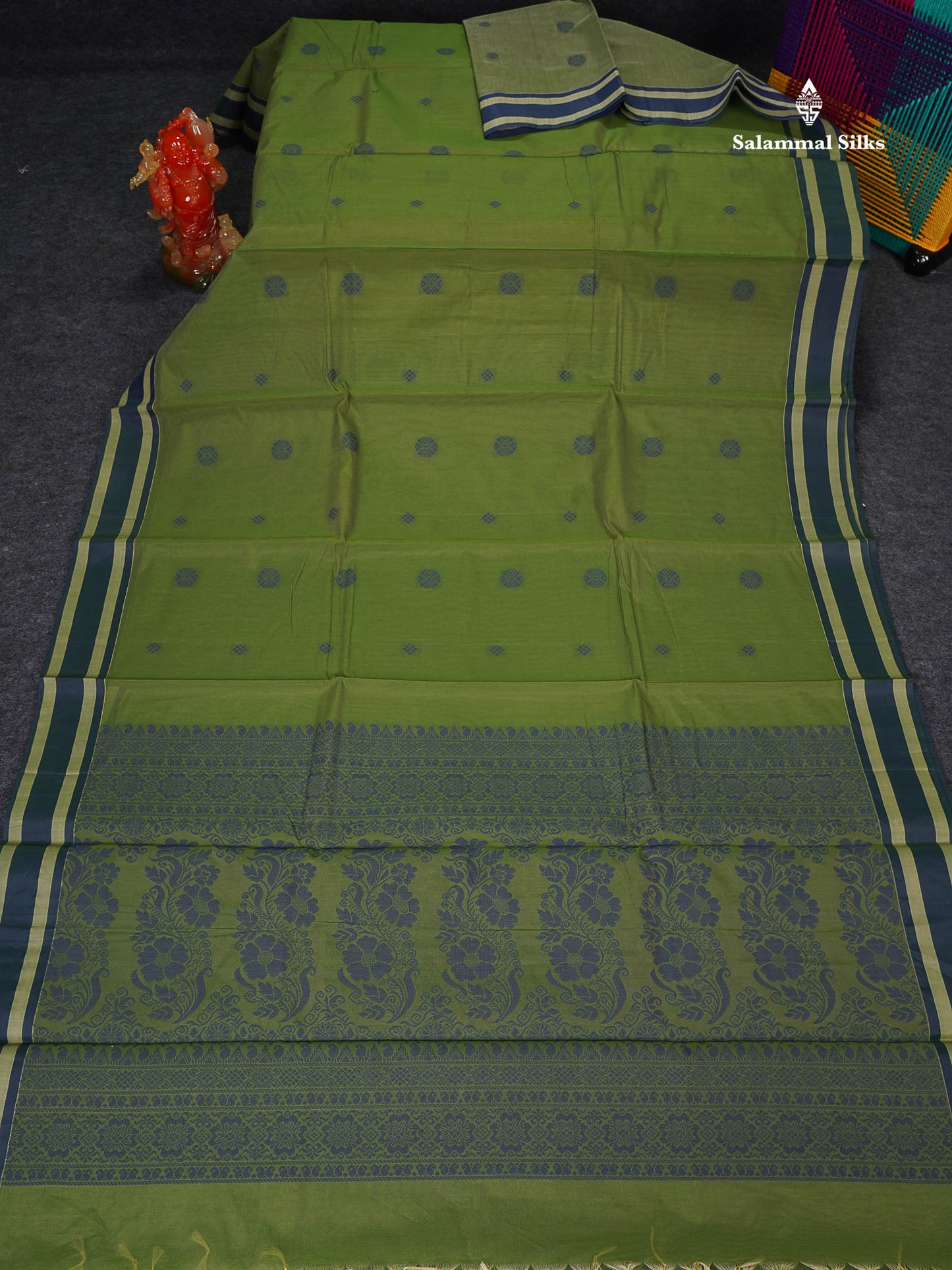 Kota Cotton Saree - Olive Green Colour Body Thread Butta With Navy Blue Border