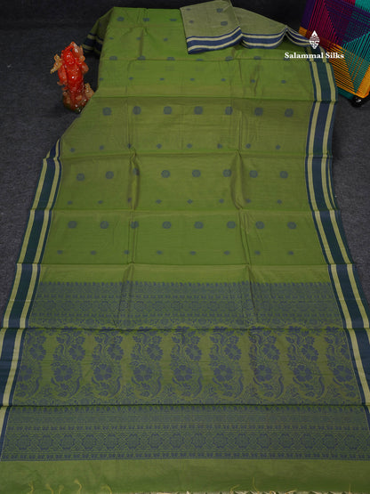 Kota Cotton Saree - Olive Green Colour Body Thread Butta With Navy Blue Border