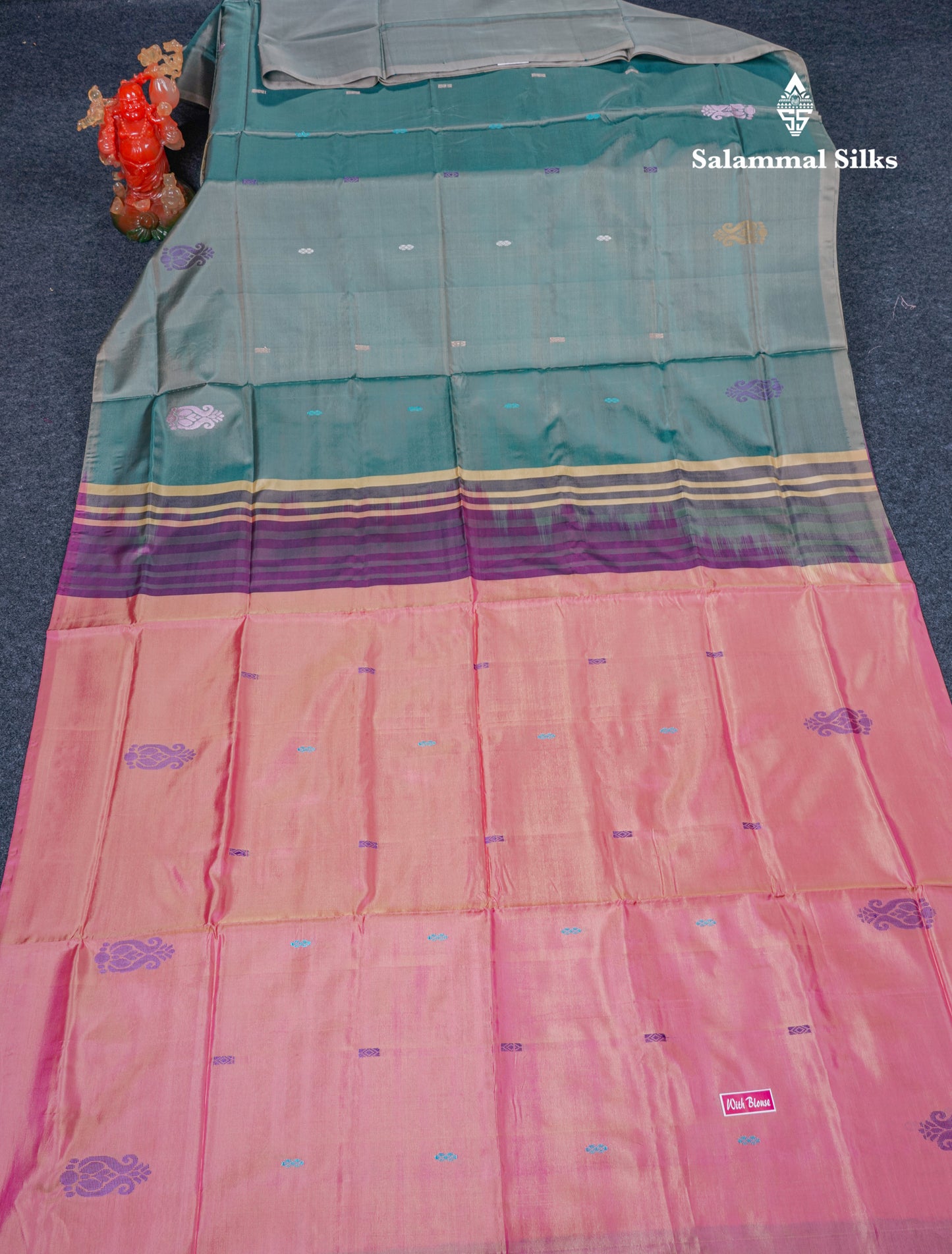 Elaichi Green Thread work Buttas Banana Pinth Saree (Vaazhainaar Pattu) With Contrast Pink Blouse
