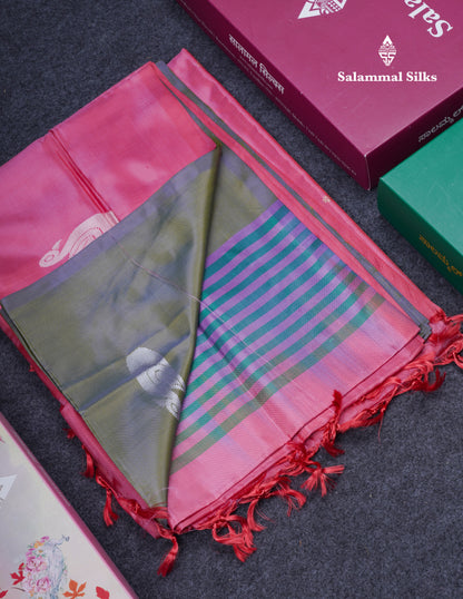 Olive Green Thread work Buttas Banana Pinth Saree (Vaazhainaar Pattu) With Contrast Pink Blouse