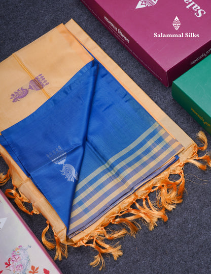 Navy Blue Thread work Buttas Banana Pinth Saree (Vaazhainaar Pattu) With Contrast Sandal Blouse