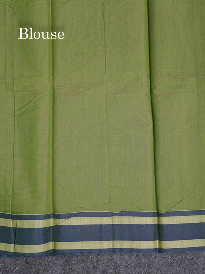 Kota Cotton Saree - Olive Green Colour Body Thread Butta With Navy Blue Border