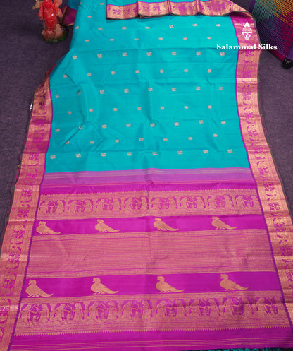 Korvai Beautiful Sapphire Blue Pure Kanjivaram Silk Saree With Contrast Vadamalli Traditional Medium Border