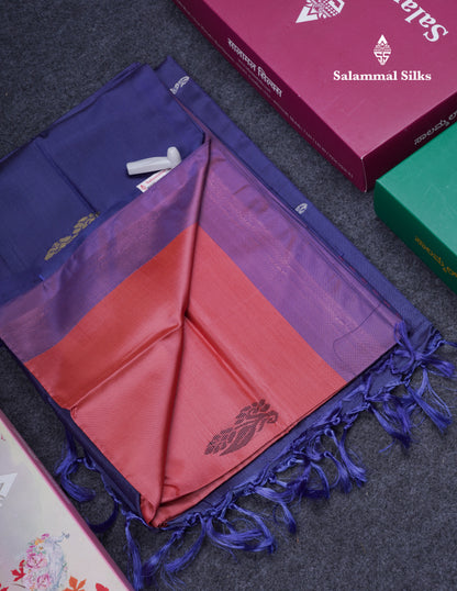 Dark Peach Thread work Buttas Banana Pinth Saree (Vaazhainaar Pattu) With Contrast Navy Blue Blouse