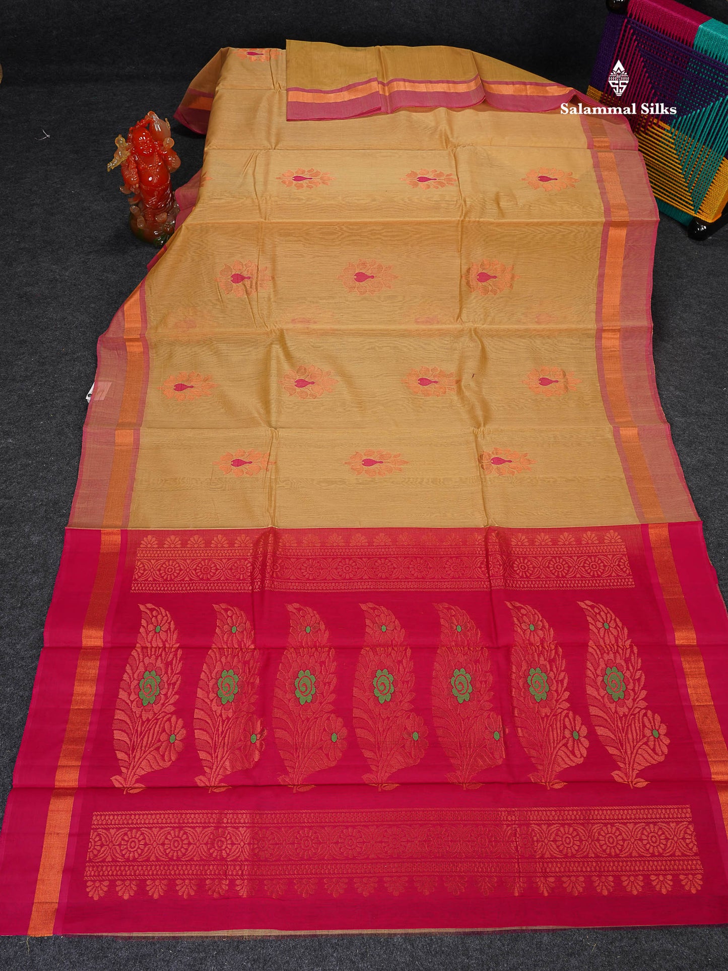 SICO Cotton Saree - Mehandi Green Colour Body With Copper Zari Butta & Magenta Border