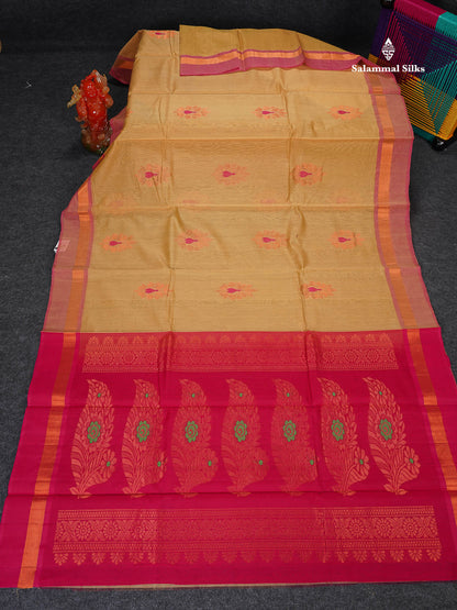 SICO Cotton Saree - Mehandi Green Colour Body With Copper Zari Butta & Magenta Border