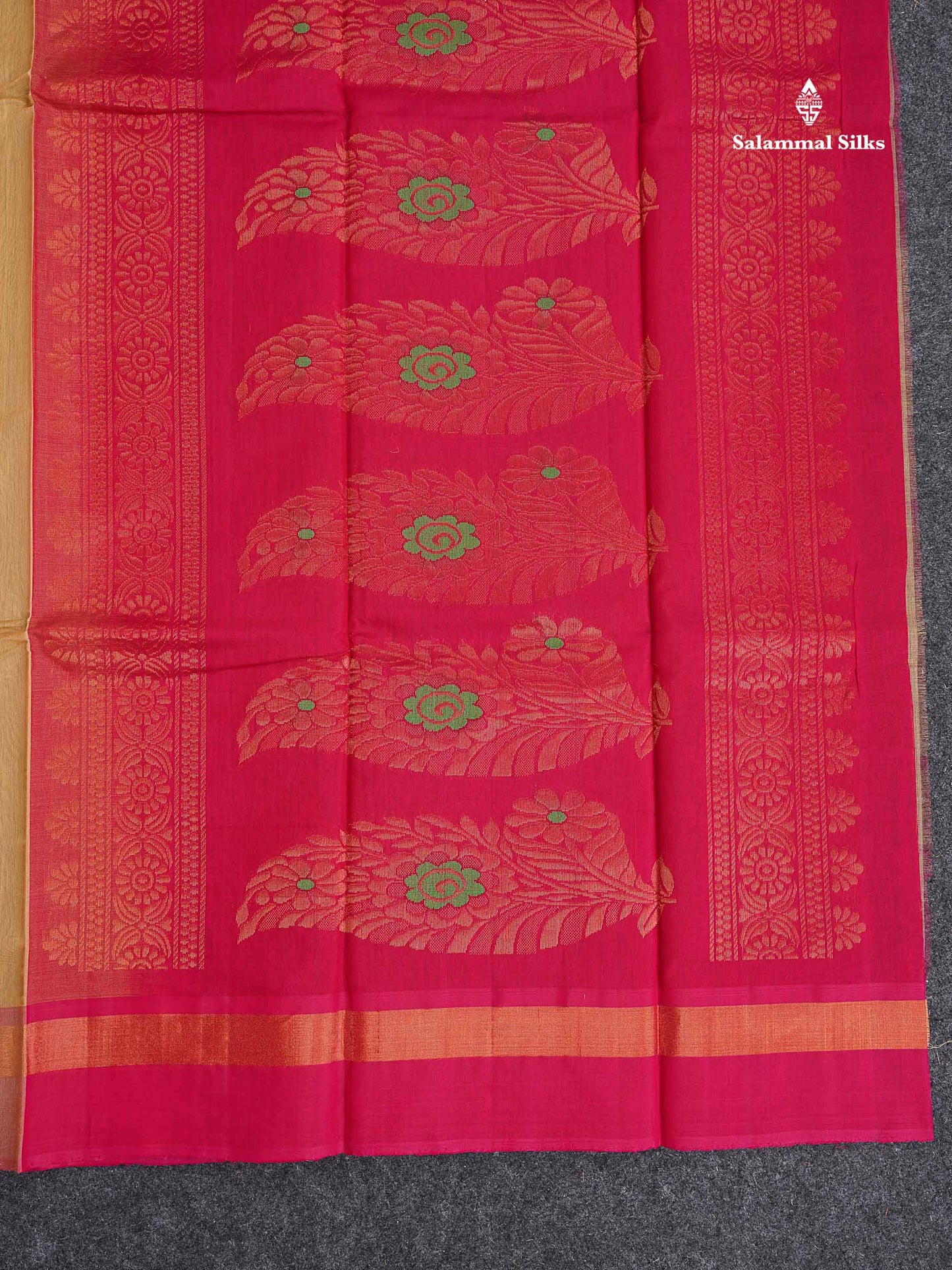 SICO Cotton Saree - Mehandi Green Colour Body With Copper Zari Butta & Magenta Border