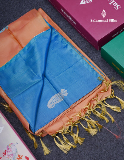 Sky Blue Thread work Buttas Banana Pinth Saree (Vaazhainaar Pattu) With Contrast Peach Blouse