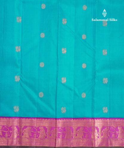 Korvai Beautiful Sapphire Blue Pure Kanjivaram Silk Saree With Contrast Vadamalli Traditional Medium Border