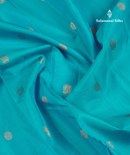 Korvai Beautiful Sapphire Blue Pure Kanjivaram Silk Saree With Contrast Vadamalli Traditional Medium Border