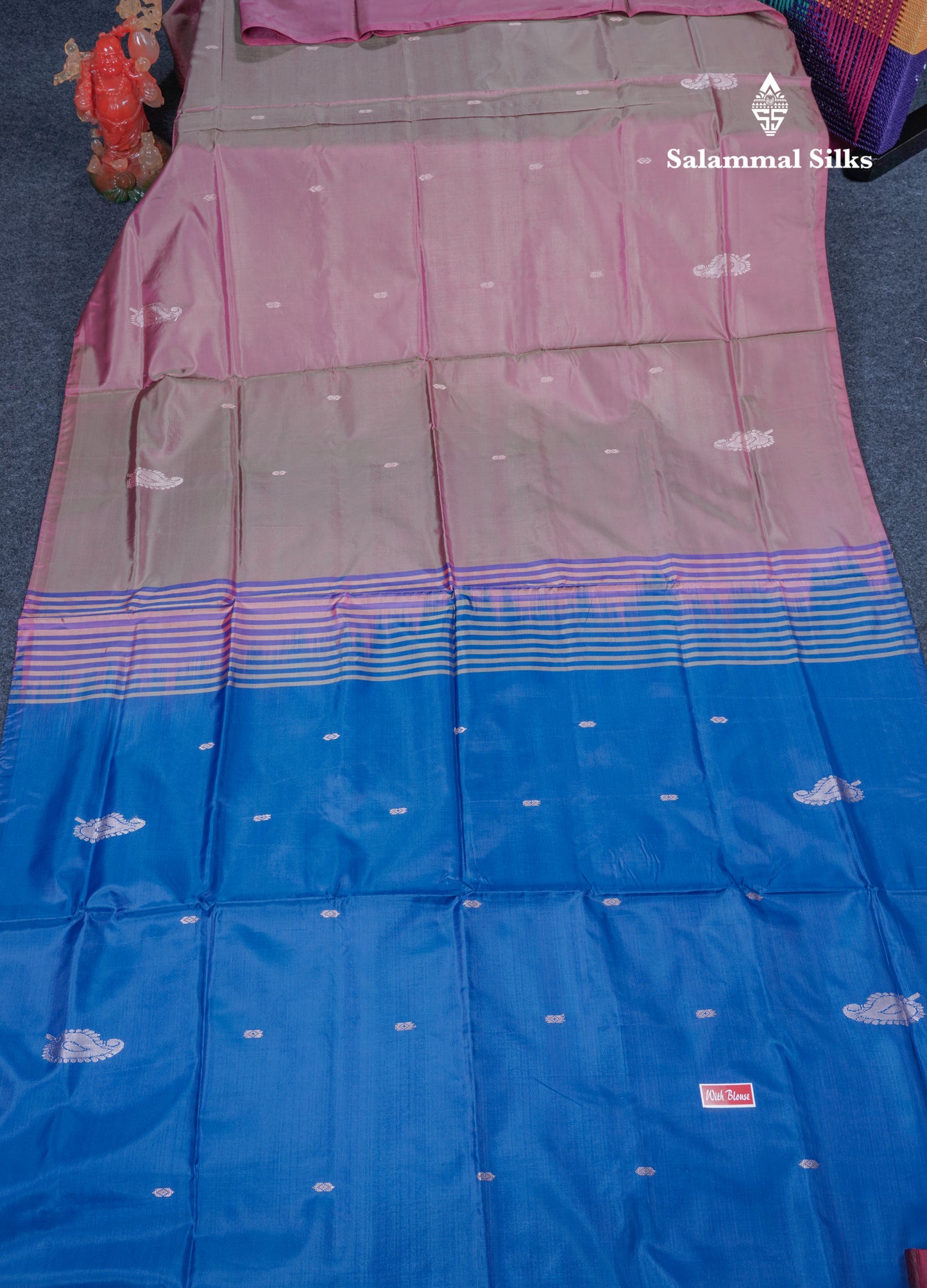 Dual Tone Pinkish Brown Thread work Buttas Banana Pinth Saree (Vaazhainaar Pattu) With Contrast Violet Blouse