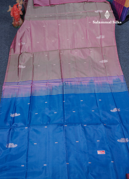 Dual Tone Pinkish Brown Thread work Buttas Banana Pinth Saree (Vaazhainaar Pattu) With Contrast Violet Blouse