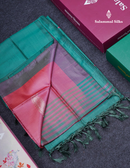 Dark Peach Thread work Buttas Banana Pinth Saree (Vaazhainaar Pattu) With Contrast Peacock Green Blouse