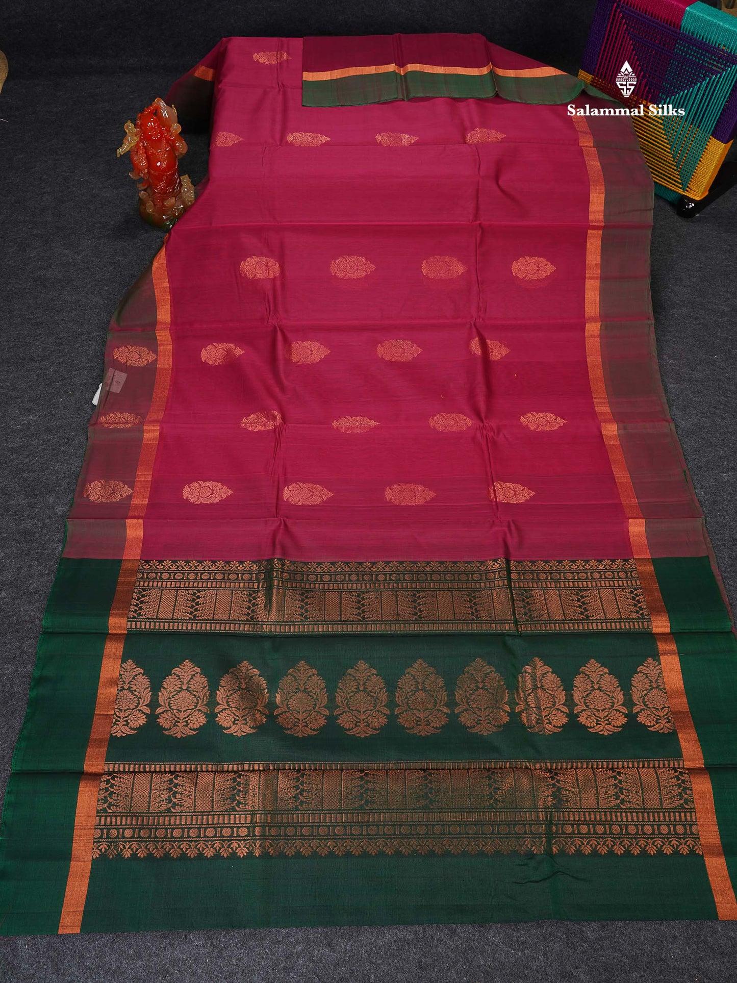 SICO Cotton Saree - Pink Colour Body Copper Zari Butta With Bottle Green Blouse