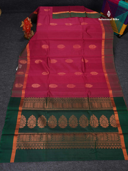 SICO Cotton Saree - Pink Colour Body Copper Zari Butta With Bottle Green Blouse