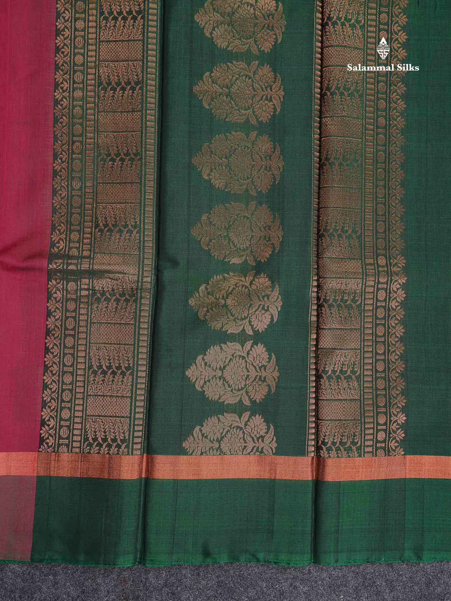 SICO Cotton Saree - Pink Colour Body Copper Zari Butta With Bottle Green Blouse