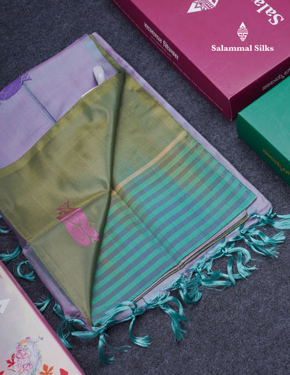 Olive Green Thread work Buttas Banana Pinth Saree (Vaazhainaar Pattu) With Contrast Light Lavender Blouse