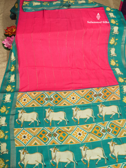 Bottle Green Semi Crepe Saree With Contrast Reddish Pink Border