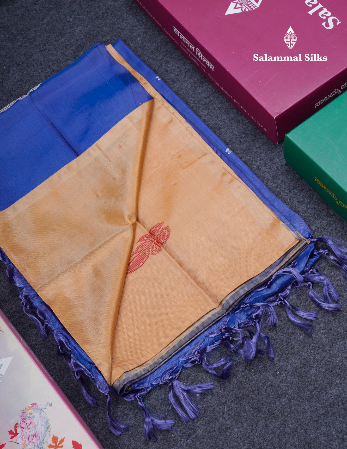 Sandal Thread work Buttas Banana Pinth Saree (Vaazhainaar Pattu) With Contrast Violet Blouse