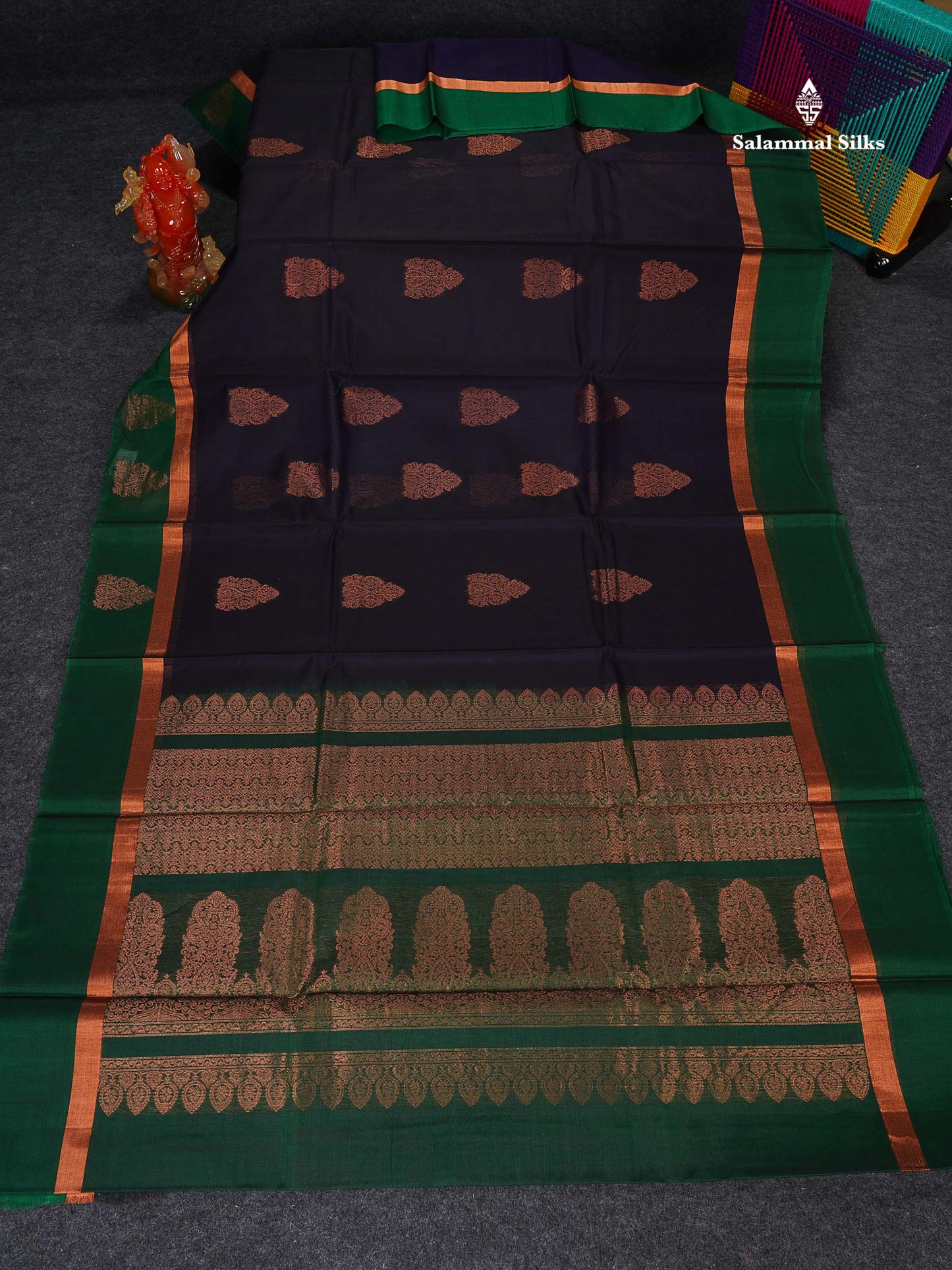 SICO Cotton Saree - Dark Navy Blue Colour Body With Copper Zari Butta & Bottle Green Fancy Border