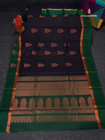SICO Cotton Saree - Dark Navy Blue Colour Body With Copper Zari Butta & Bottle Green Fancy Border