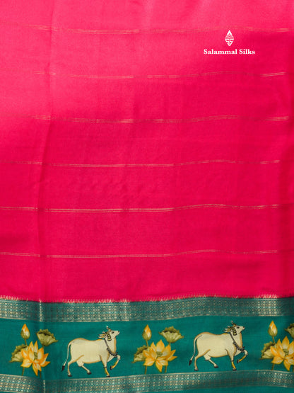 Bottle Green Semi Crepe Saree With Contrast Reddish Pink Border