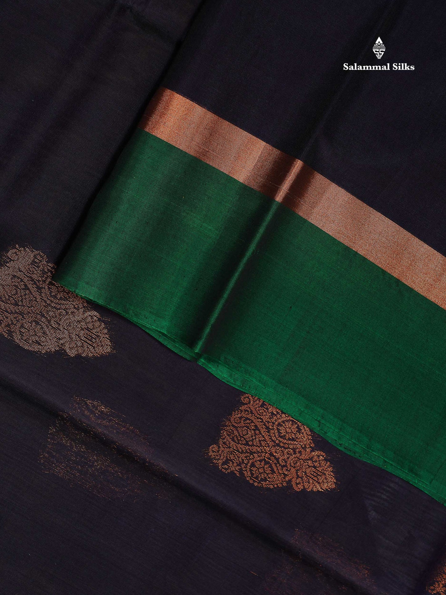 SICO Cotton Saree - Dark Navy Blue Colour Body With Copper Zari Butta & Bottle Green Plain Border