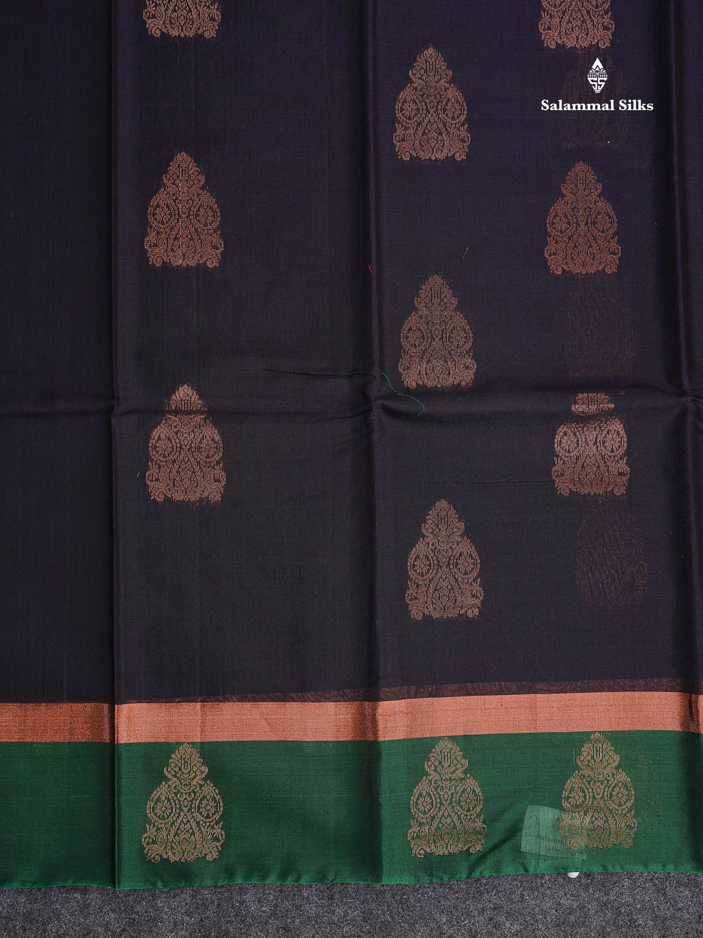 SICO Cotton Saree - Dark Navy Blue Colour Body With Copper Zari Butta & Bottle Green Plain Border