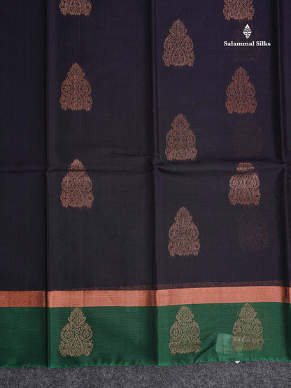 SICO Cotton Saree - Dark Navy Blue Colour Body With Copper Zari Butta & Bottle Green Plain Border