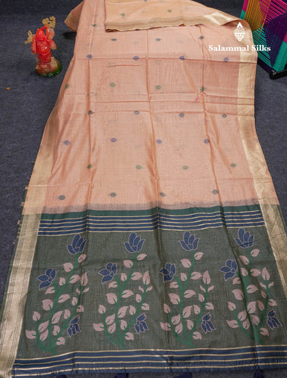 Beautiful Peach Menakari Work Thread Butta Muga Cotton Saree With Contrast Bottle Green Blouse