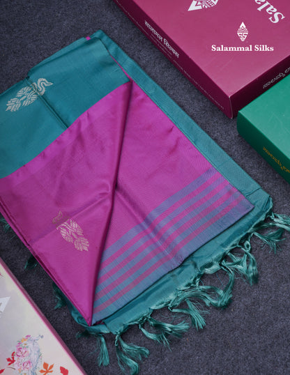 Vadamalli Thread work Buttas Banana Pinth Saree (Vaazhainaar Pattu) With Contrast Peacock Green Blouse