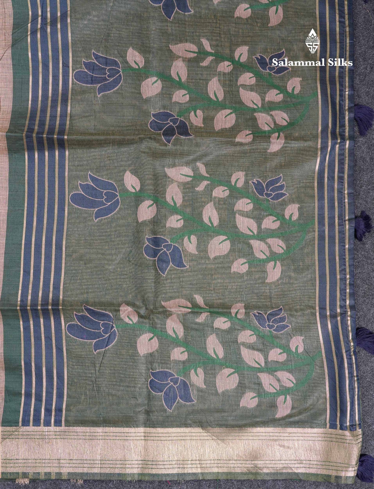 Beautiful Peach Menakari Work Thread Butta Muga Cotton Saree With Contrast Bottle Green Blouse