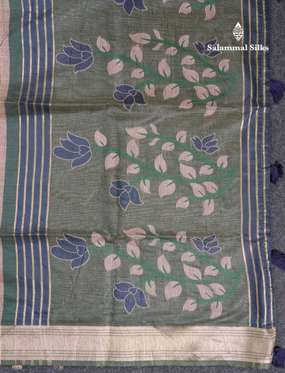 Beautiful Peach Menakari Work Thread Butta Muga Cotton Saree With Contrast Bottle Green Blouse