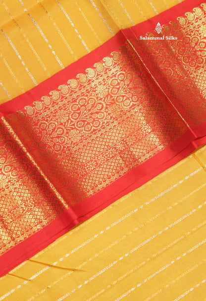 Yellow Colour Pure Kanjivaram Silk Saree With Contrast Red Border