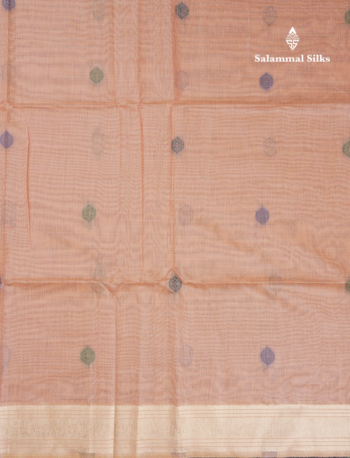 Beautiful Peach Menakari Work Thread Butta Muga Cotton Saree With Contrast Bottle Green Blouse
