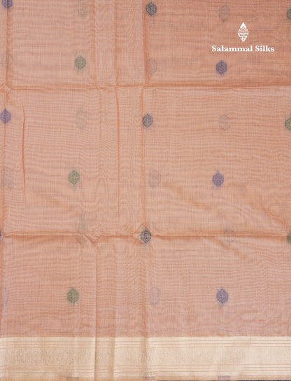 Beautiful Peach Menakari Work Thread Butta Muga Cotton Saree With Contrast Bottle Green Blouse