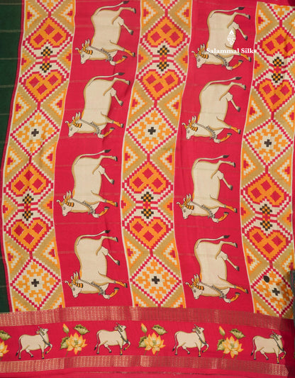 Bottle Green Semi Crepe Saree With Contrast Reddish Pink Border