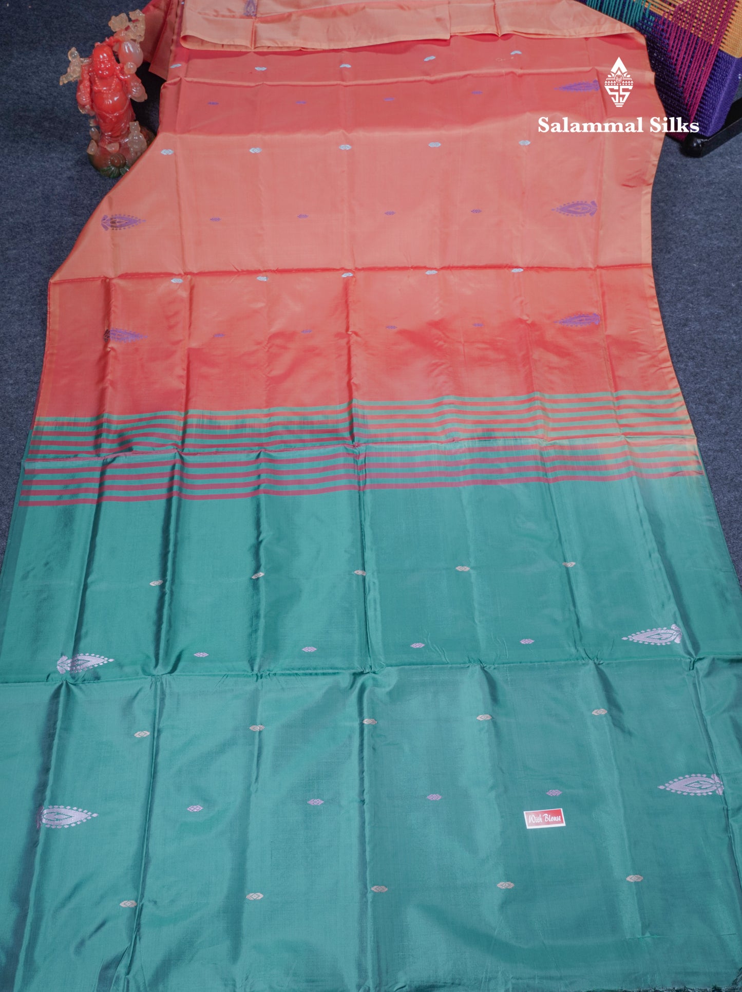 Orange Thread work Buttas Banana Pinth Saree (Vaazhainaar Pattu) With Contrast Green Blouse